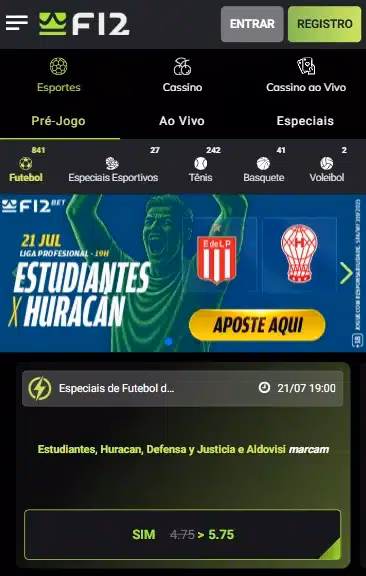 Captura de tela da p&aacute;gina de apostas da F12 Bet