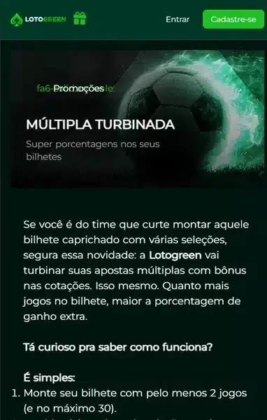 Captura de tela com o b&ocirc;nus &ldquo;M&uacute;ltipla Turbinada&rdquo;, da Lotogreen
