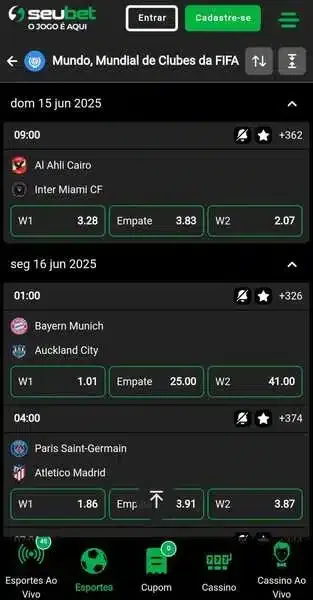 Captura de tela da Seubet com jogos do Mundial de Clubes 2025