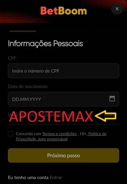C&oacute;digo promocional Betboom: use APOSTEMAX em 2026