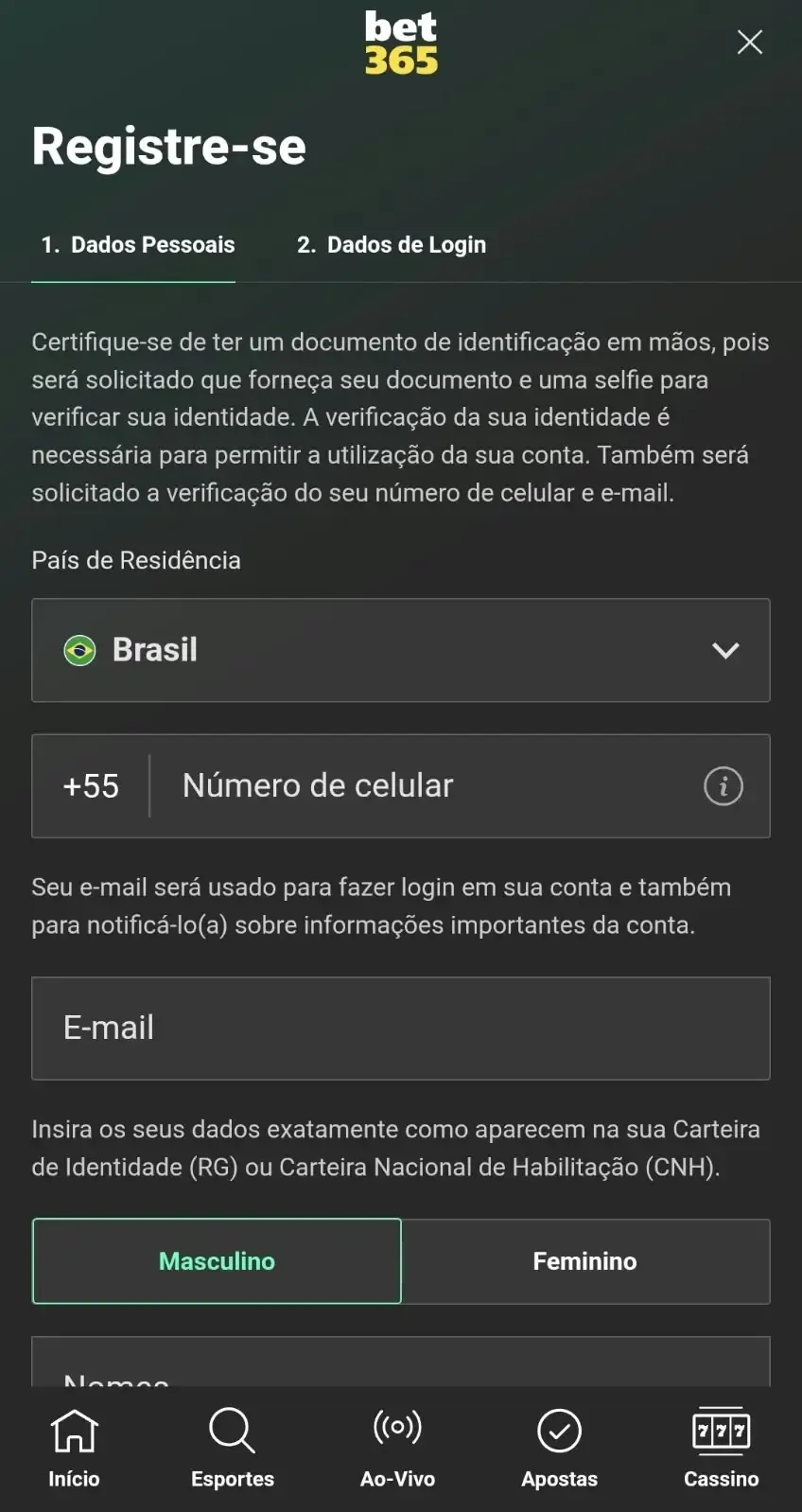 Captura de tela do formul&aacute;rio de cadastro na bet365 Brasil.