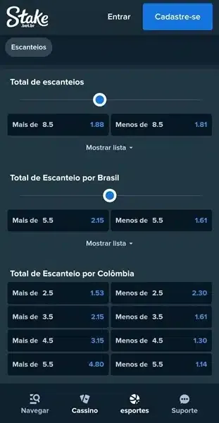 P&aacute;gina de escanteios de uma partida de futebol da Stake com linhas para facilitar apostas
