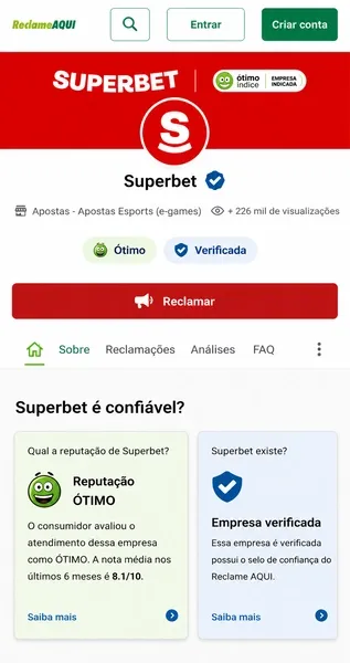P&aacute;gna inicial da Superbet no Reclame Aqui, f&oacute;rum de avalia&ccedil;&atilde;o de jogadores
