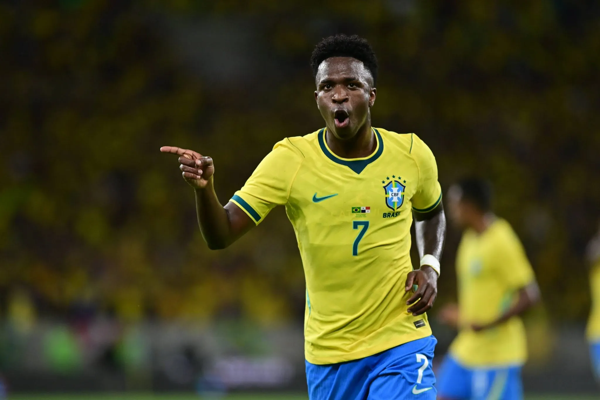 Vin&iacute;cius Junior celebra gol pela sele&ccedil;&atilde;o brasileira