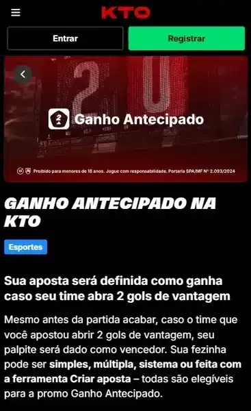 Captura de tela com a promo&ccedil;&atilde;o Ganho Antecipado, da KTO