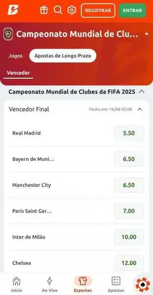 Captura de tela da Betano com apostas para vencedor final do Super Mundial de Clubes FIFA 2025