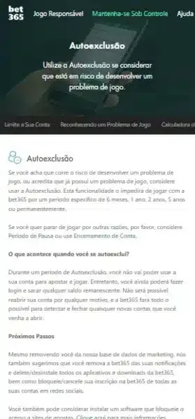 Captura de tela da explica&ccedil;&atilde;o da Bet365 sobre sua ferramenta de autoexclus&atilde;o.