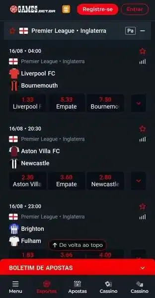 Captura de tela dos jogos da Premier League na MC Games