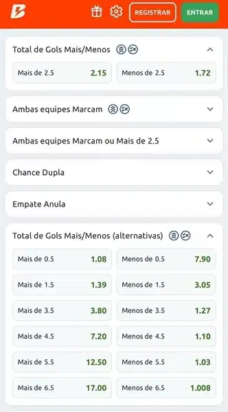 Captura de tela das op&ccedil;&otilde;es de total de gols na Betano para Forest x Arsena