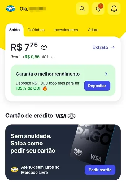 Home page do aplicativo Mercado Pago, com saldo e detalhes da conta
