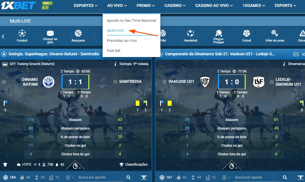 Captura de tela da op&ccedil;&atilde;o Multi Live encontrada na review da 1xBet