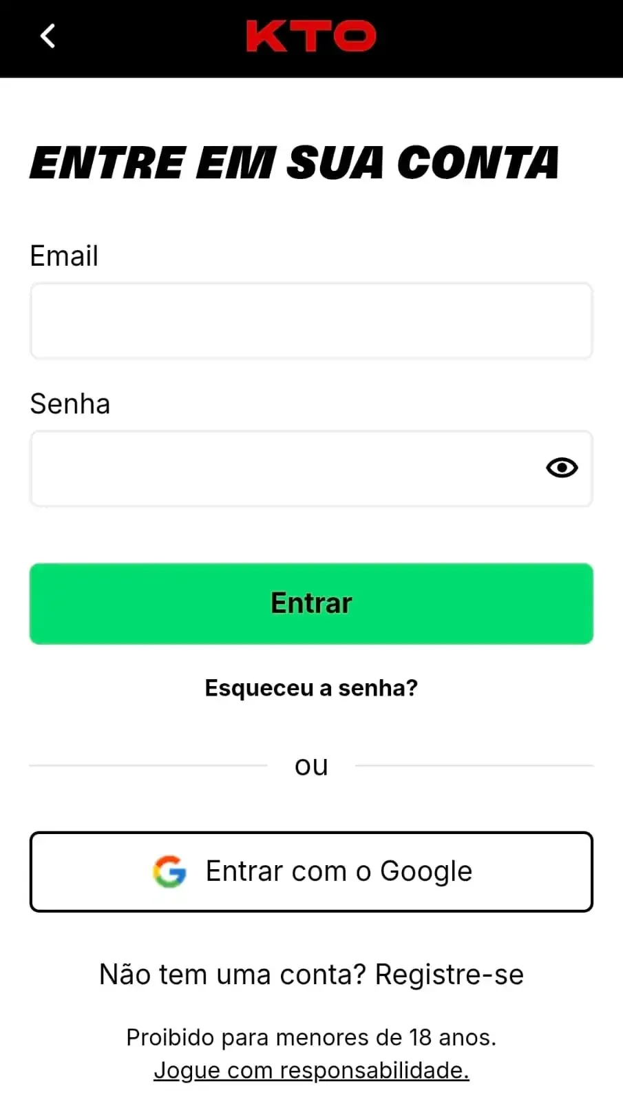 Captura de tela da se&ccedil;&atilde;o de login na KTO mostrando os campos para digitar o e-mail e senha.