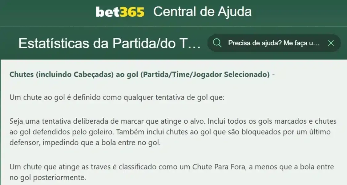 Captura de tela das regras do mercado &ldquo;Chutes o Gol&rdquo; da Bet365
