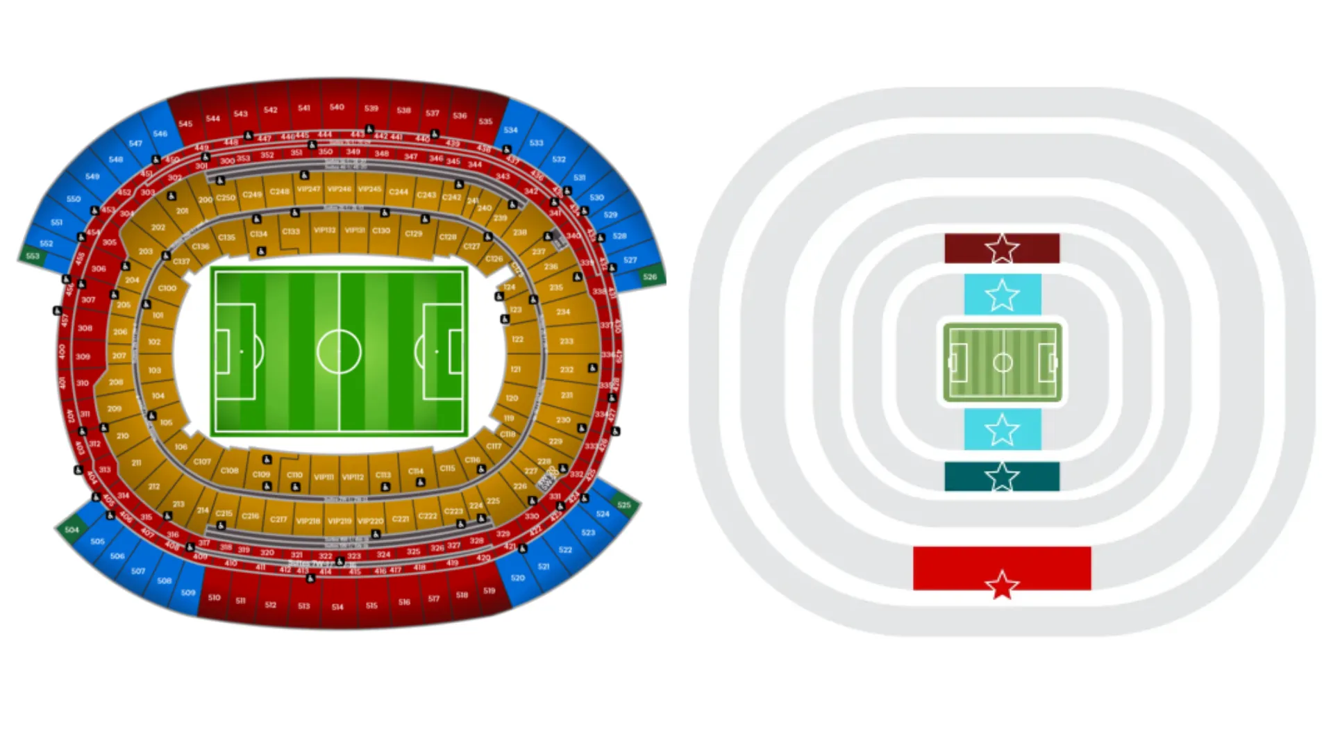 Mapa de assentos do Sofi Stadium na Copa do Mundo, na venda geral e pacotes de hospitalidade, respectivamente