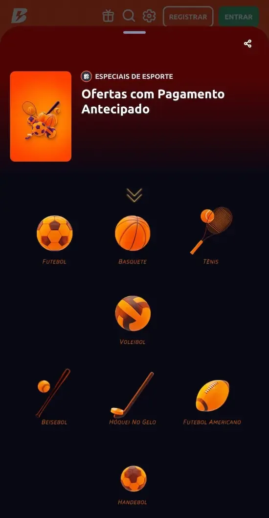 Captura de tela de ofertas com pagamento antecipado da Betano