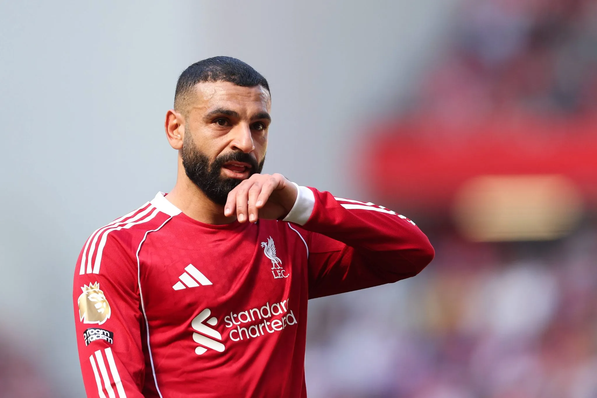 Mohamed Salah em jogo do Liverpool em Anfield