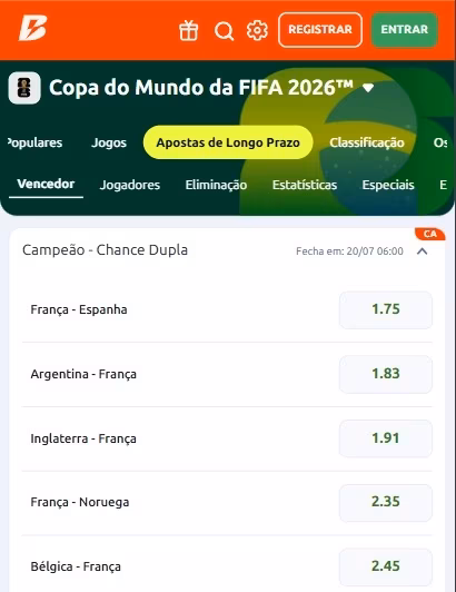 Apostas de dupla chance em campe&atilde;o da Copa 2026 na Betano
