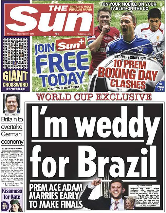 Capa do Sun com a reportagem sobre o casamento de Adam Lallana (Divulga&ccedil;&atilde;o)
