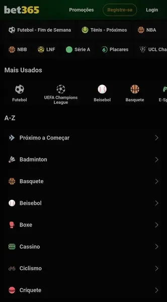 P&aacute;gina inicial da p&aacute;gina de esportes da Bet365