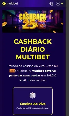 P&aacute;gina de b&ocirc;nus do cashback di&aacute;rio da Multibet, dispon&iacute;vel para jogos de cassino
