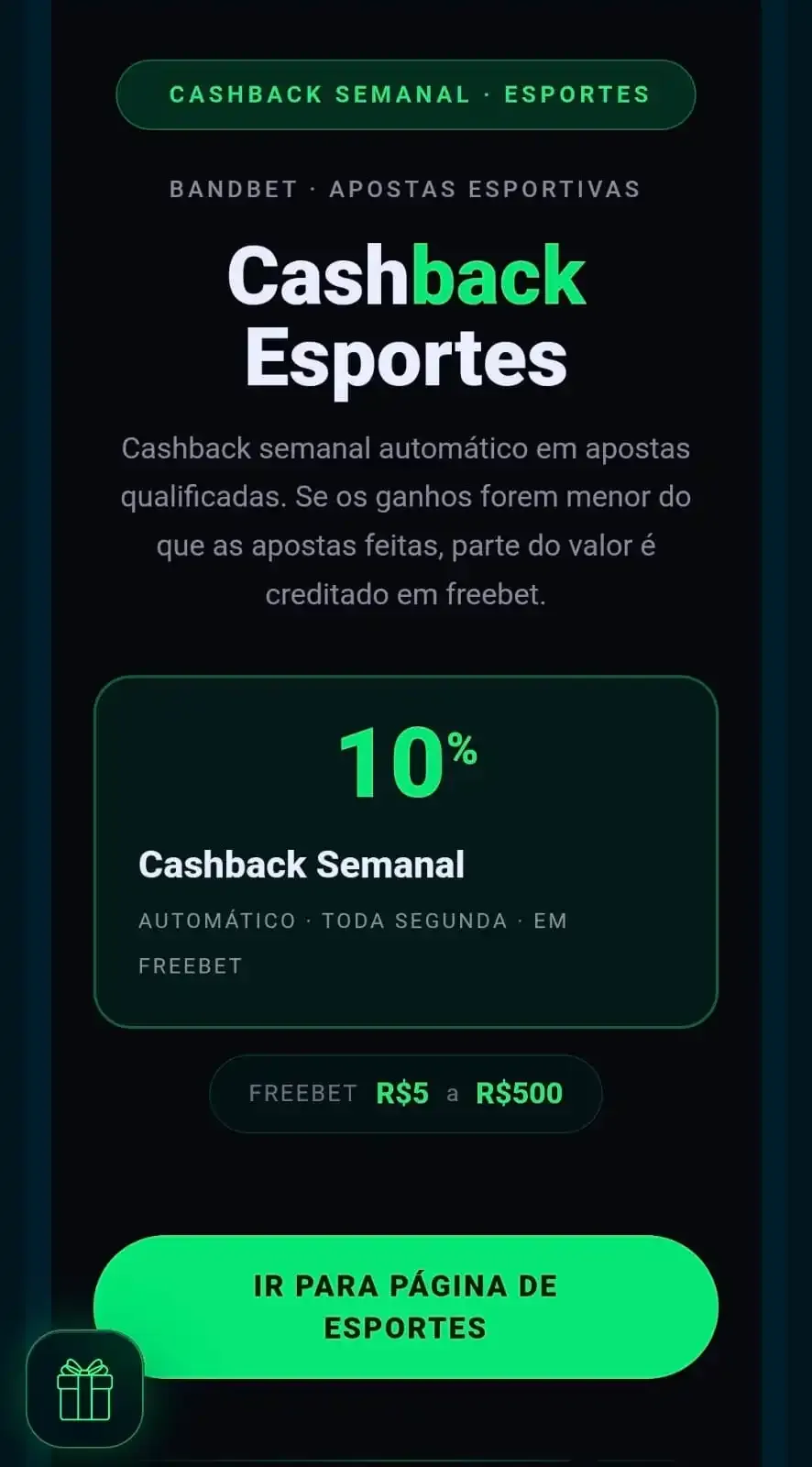 Captura de tela do Cashback Esportes da BandBet no site oficial da casa.