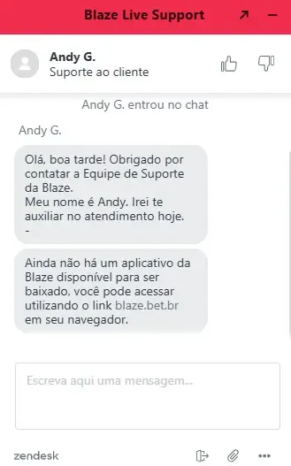 Captura de tela do atendimento da Blaze no chat ao vivo

