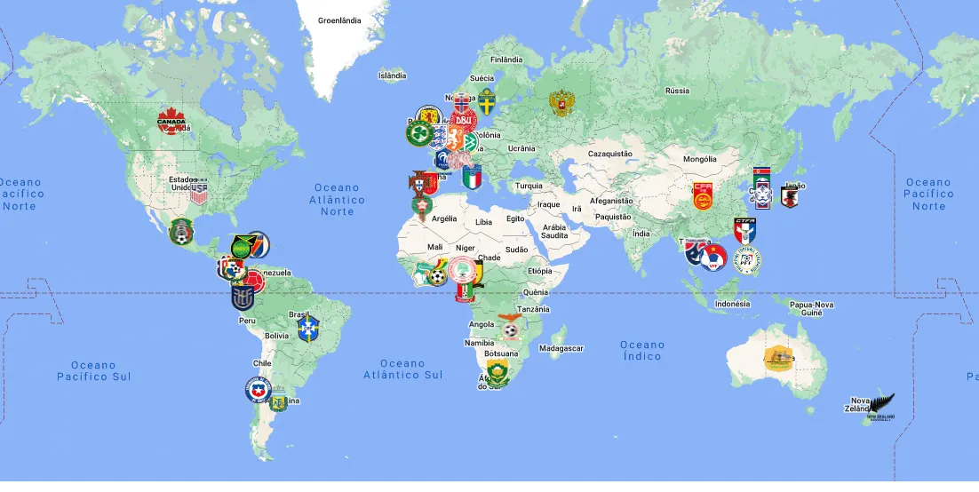 Um mapa interativo com todas as sele&ccedil;&otilde;es que j&aacute; se classificaram &agrave; Copa do Mundo Feminina