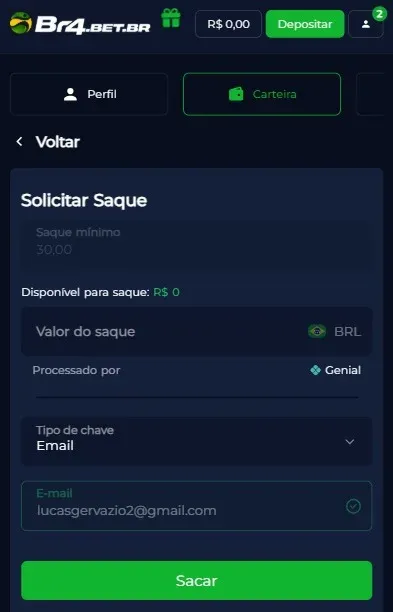 P&aacute;gina de solicita&ccedil;&atilde;o de saque da Br4bet, cujo valor m&iacute;nimo &eacute; R$30