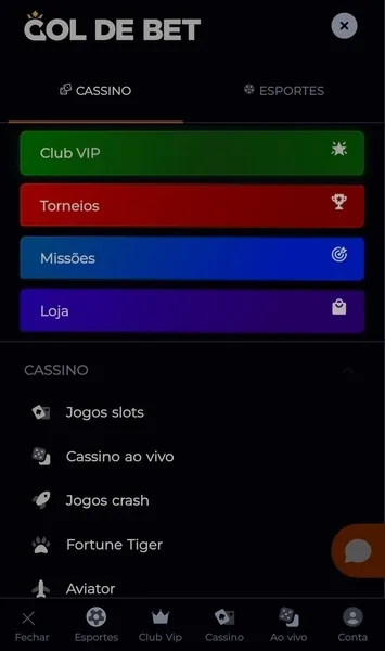 Vers&atilde;o mobile do menu lateral da Gol de Bet em um dispositivo Android
