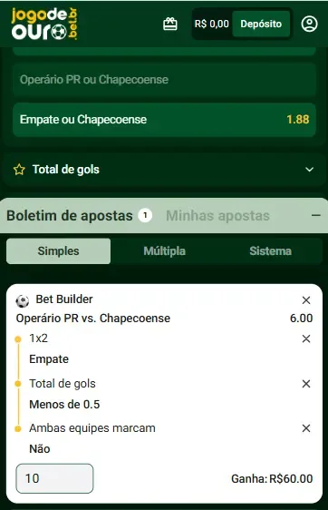 Captura de tela de um exemplo de Criar Aposta na Jogo de Ouro Bet