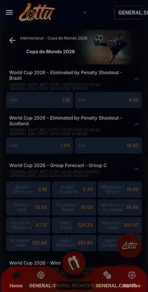 P&aacute;gina de apostas da Lottu na Copa do Mundo de 2026