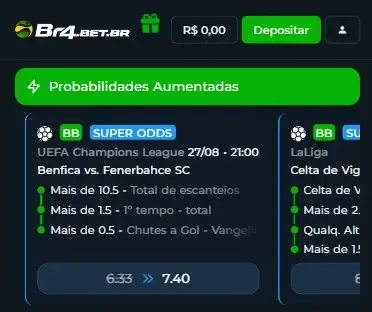 Plataforma Br4bet tem Super Odds, que s&atilde;o identificadas por um selo azul