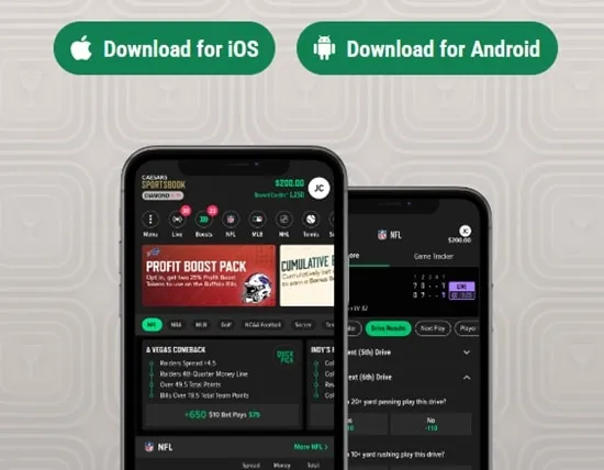 Captura de tela da p&aacute;gina de download do Caesars app nos Estados Unidos