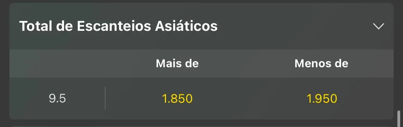 Captura de tela de total de escanteio asi&aacute;tico ao vivo na Bet365 no dia 10/09/2025