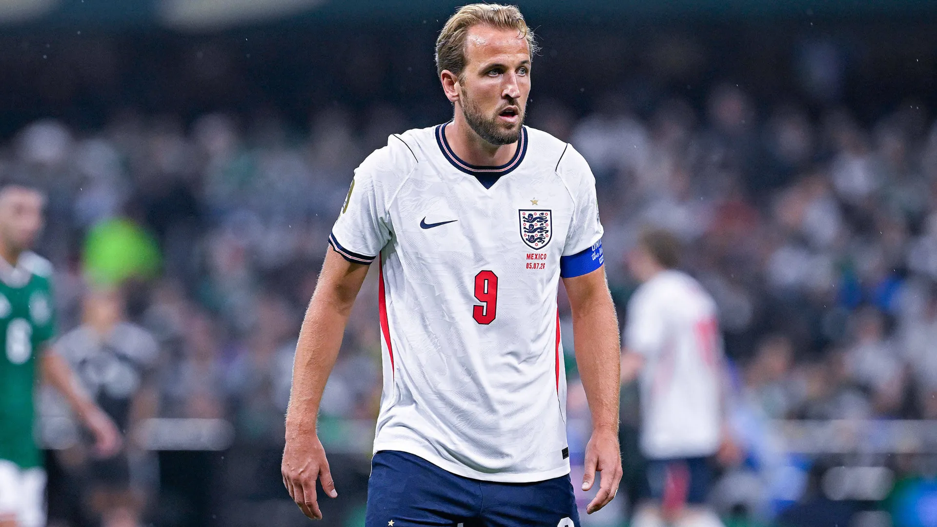 Harry Kane, atacante da Inglaterra, durante a partida das oitavas de final da Copa do Mundo 2026 entre M&eacute;xico e Inglaterra, no Mexico City Stadium, na Cidade do M&eacute;xico, em 5 de julho de 2026.