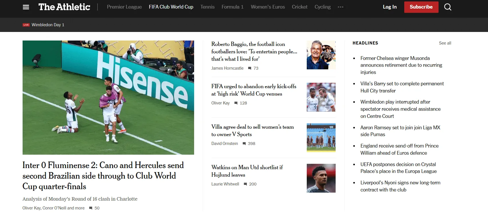 Capa do site "The Athletic" sem men&ccedil;&atilde;o &agrave; elimina&ccedil;&atilde;o do Manchester City