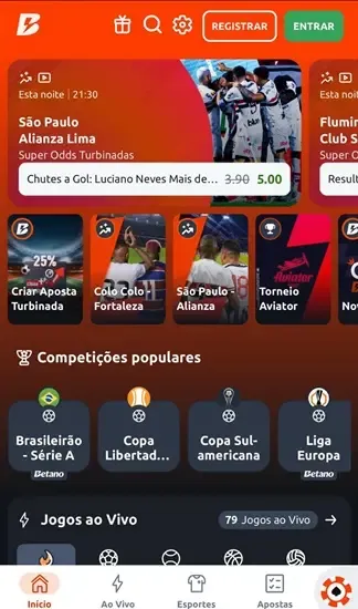 Captura de tela da p&aacute;gina inicial da casa de apostas com b&ocirc;nus Betano para Super Odds Turbinadas