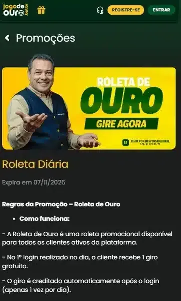 Captura de tela com a promo&ccedil;&atilde;o "Roleta Di&aacute;ria", da Jogo de Ouro