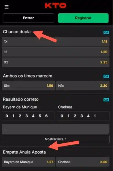 Captura de tela da p&aacute;gina de mercados de resultado final na KTO