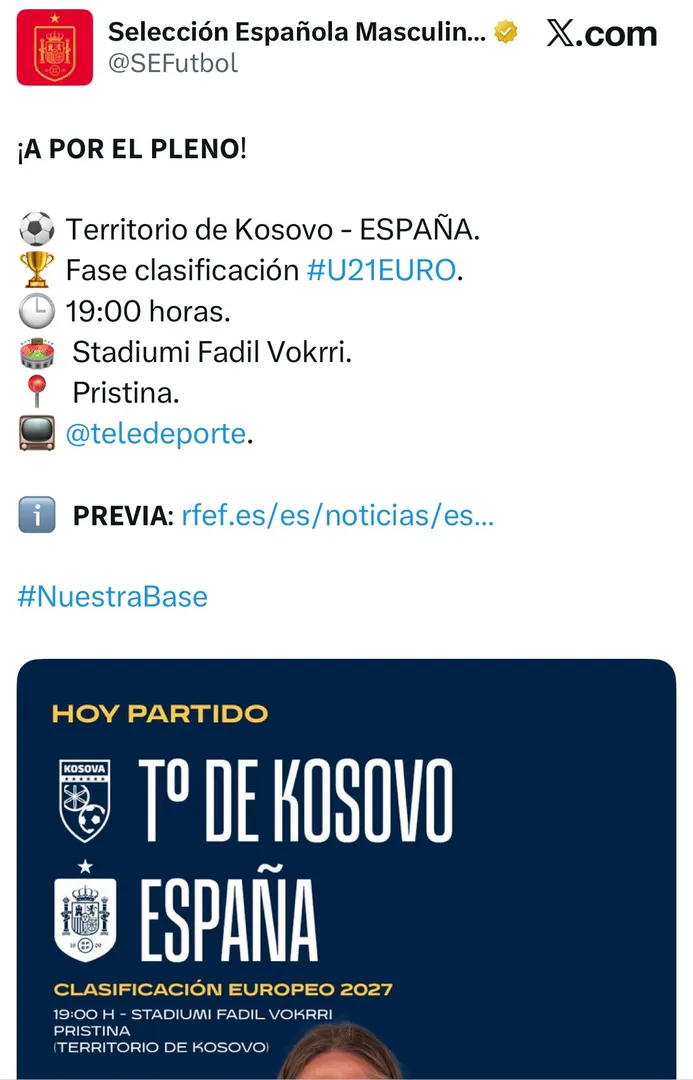Post da sele&ccedil;&atilde;o espanhola chamando Kosovo de "territ&oacute;rio"