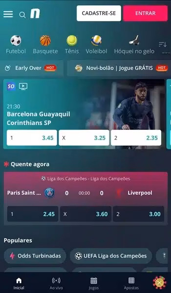 P&aacute;gina inicial das apostas esportivas na Novibet com disponibilidade de streaming gratuito em jogos da Libertadores