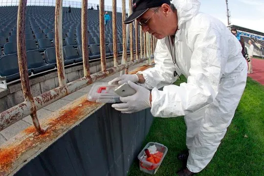 Funcion&aacute;rio retira material inflam&aacute;vel colocado por torcedores do Partizan no setor do Estrela Vermelha