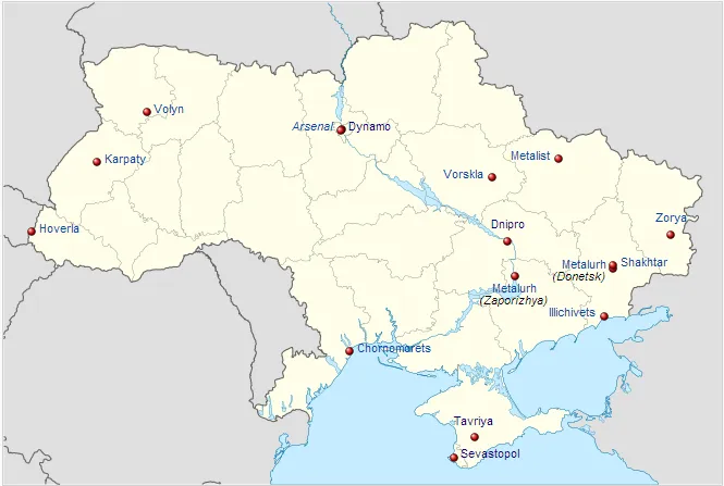 Clubes do Campeonato Ucr&acirc;niano 2013/14. Ao sul, a Crimeia. O rio Dniper, que corta o pa&iacute;s de norte a sul, ajuda a demarcar tamb&eacute;m a cis&atilde;o entre o oeste pr&oacute;-Europa e o leste pr&oacute;-R&uacute;ssia