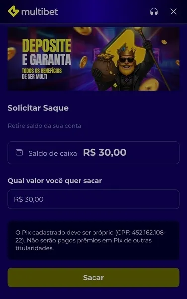P&aacute;gina de retirada da Multibet Brasil