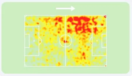 Mapa de calor de Grealish na Premier League de 2019/20, sua melhor pelo Aston Villa e tendo liberdade para atuar mais por dentro