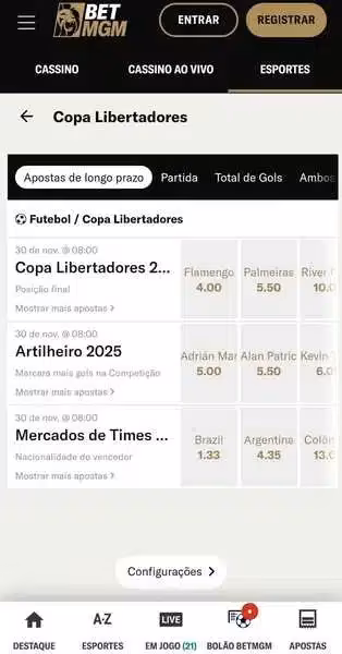 Captura de tela com a p&aacute;gina inicial da Libertadores na BetMGM