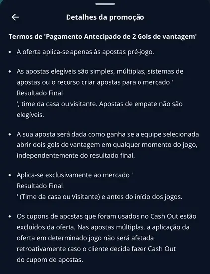 Captura de tela da p&aacute;gina de pagamento antecipado Novibet com regras da oferta
