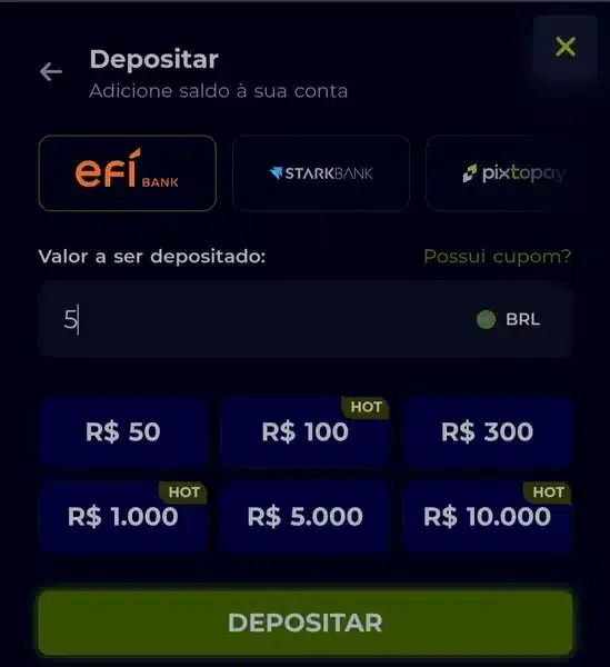 Captura de tela da p&aacute;gina com os m&eacute;todos de pagamento dispon&iacute;veis na 7K Bet