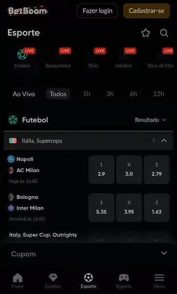 Captura de tela da p&aacute;gina inicial da Betboom