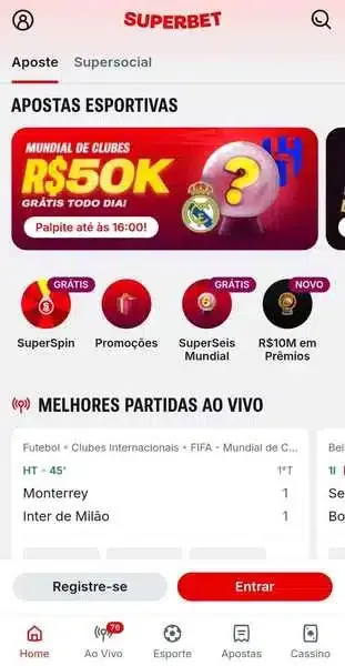 Captura de tela da p&aacute;gina inicial da Superbet